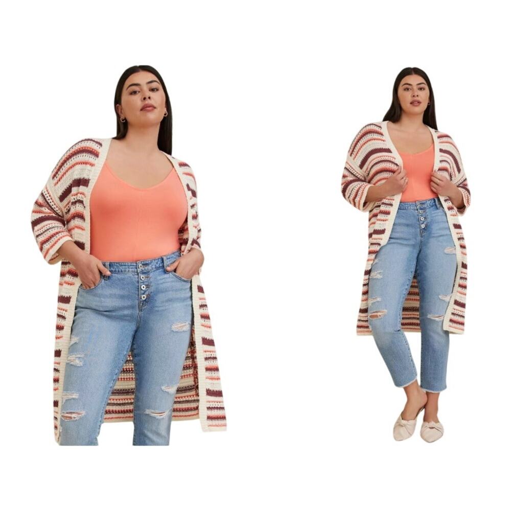 Torrid Size 2 Kimono Cardigan - Cotton Multi Stripes 3/4 Sleeve Drop Shoulder